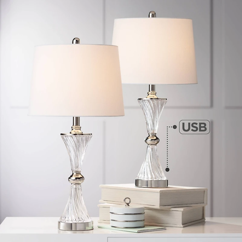 Luca Modern Table Lamps 25.5" High Set of 2 with Usb Charging Port Glass Chrome Silver Metal White Fabric Drum Shade for Living Room Bedroom Hous
