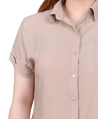 Ny Collection Short Sleeve Woven Front-Jersey Back Top