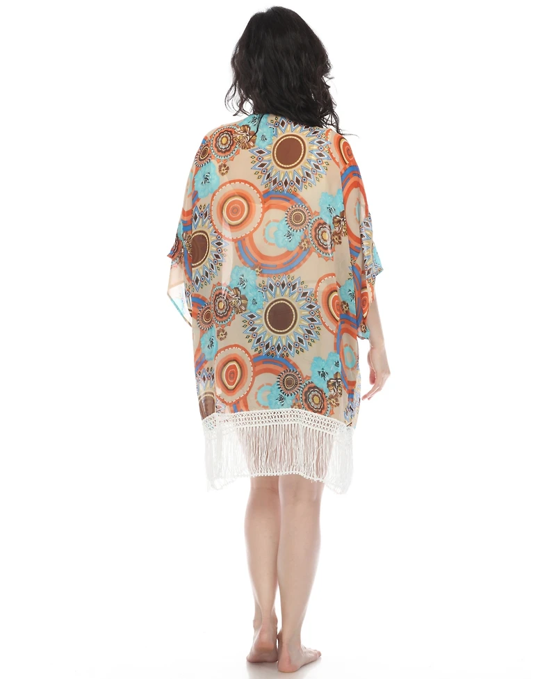 White Mark Women's Sheer Fringe Kimono