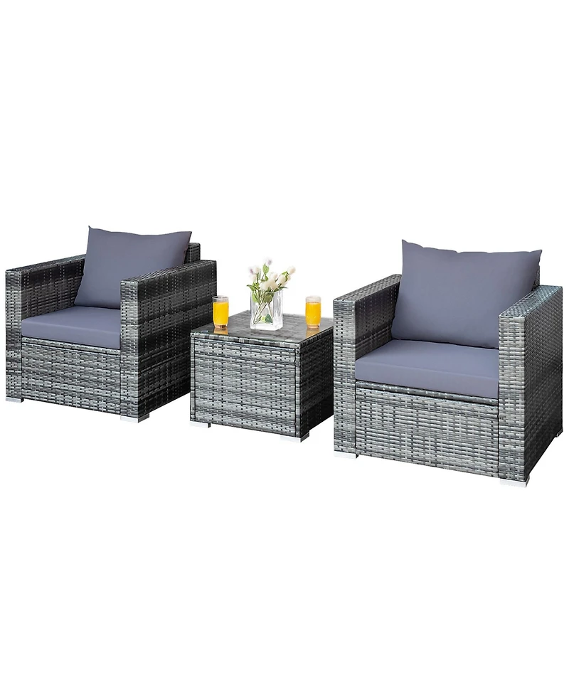 Gymax 3PCS Rattan Patio Conversation Set Outdoor Furniture Set w/ Table Cushion