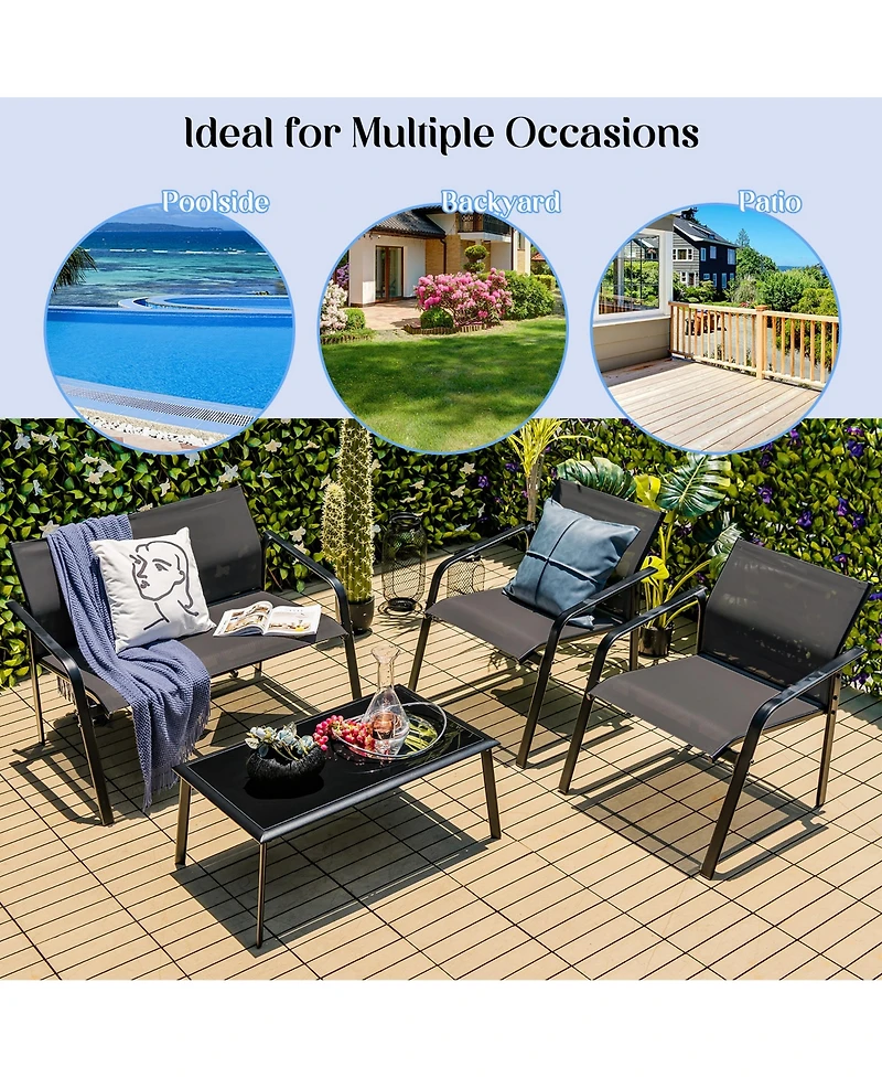 Gymax 4PCS Patio Conversation Futniture Set w/ Fabric and Anti-Rust Steel Frame Grey