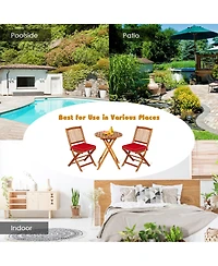 Gymax 3PCS Folding Acacia Wood Bistro Set Patio Conversation Set w/ Red Cushions