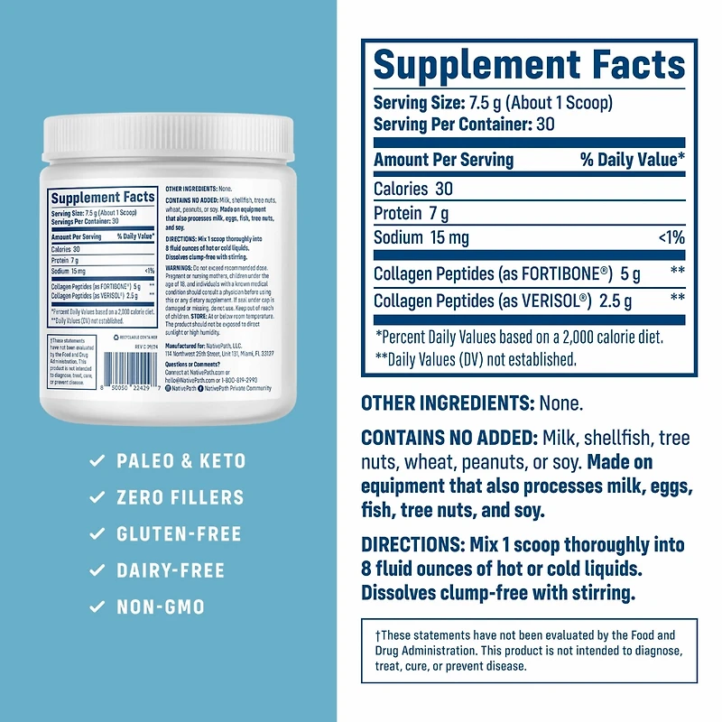 NativePath Bone Health Collagen Peptides, Type 1 & 3, with Fortibone and Verisol, 7.9 Ounce, 30 Servings
