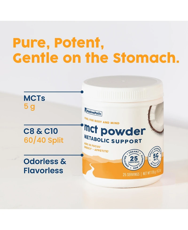 NativePath Mct Oil Powder Supplement - Unflavored Mct powder with keto-friendly C8 MCTs. Free of dairy, gluten and GMOs, 25 servings