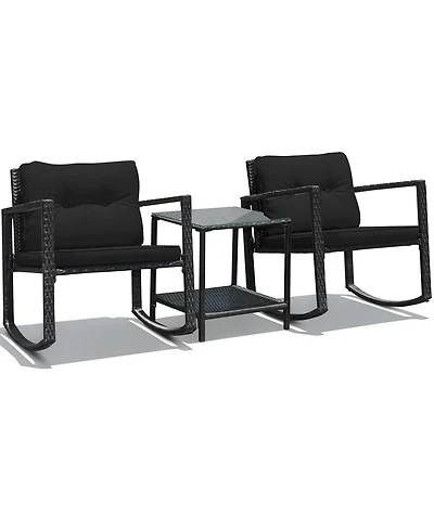 Sugift 3 Pieces Cushioned Patio Rattan Set with Rocking Chair and Table
