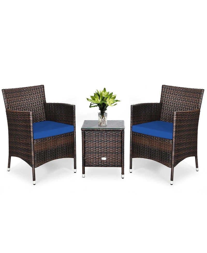 Sugift 3 Pieces Ergonomic Wicker Patio Conversation Set-Navy