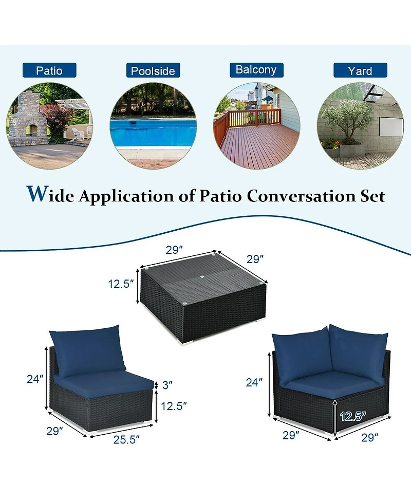 Sugift 7 Pieces Sectional Wicker Furniture Sofa Set with Tempered Glass Top-Navy