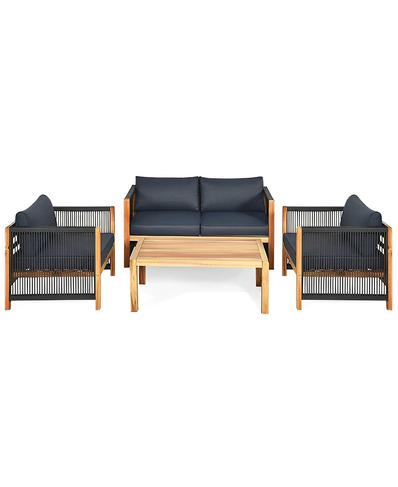 Sugift 4 Pieces Acacia Wood Sofa Set with Cushions for Outdoor Patio-Grey