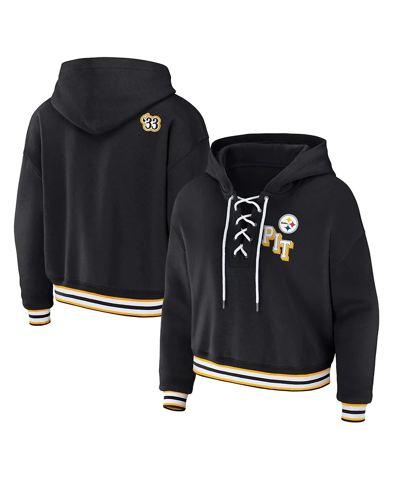 Wear by Erin Andrews Women's Black Pittsburgh Steelers Plus Lace-Up Pullover Hoodie Sweatshirt