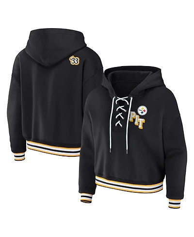 Wear by Erin Andrews Women's Black Pittsburgh Steelers Plus Lace-Up Pullover Hoodie Sweatshirt