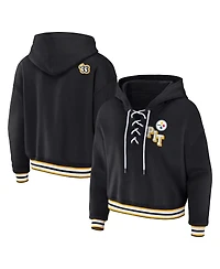 Wear by Erin Andrews Women's Black Pittsburgh Steelers Plus Lace-Up Pullover Hoodie Sweatshirt