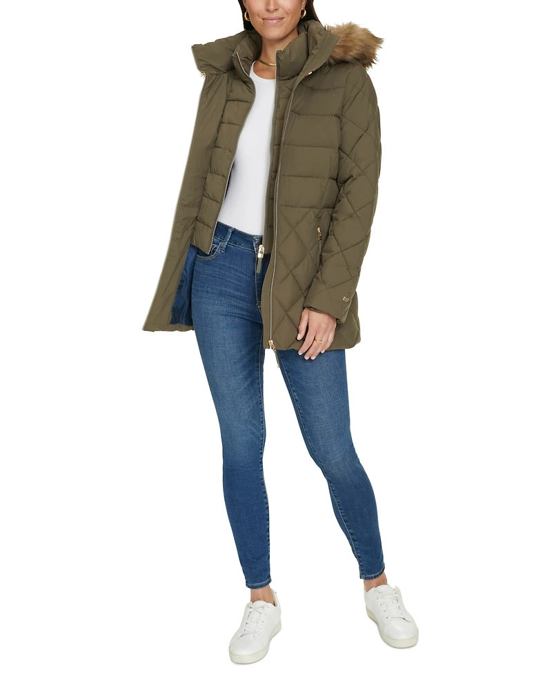 Tommy Hilfiger Women's Bibbed Faux-Fur-Trim Hooded Puffer Coat, Created for Macy's