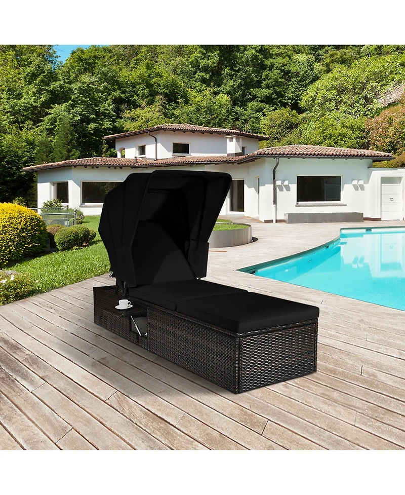 Gymax Set of 2 Rattan Patio Chaise Lounge Chair W/ Adjustable Canopy Black Cushion