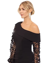 Xscape Women's Off-The-Shoulder Floral-Sleeve Scuba Crepe Gown