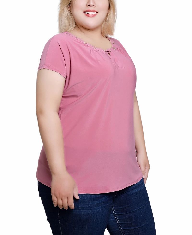 Ny Collection Plus Short Extended-Sleeve Grommet Neck Knit Top