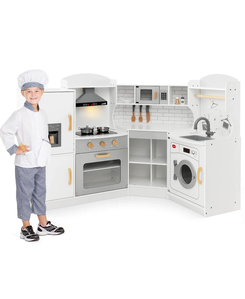 Corner Play Kitchen Toddler Kitchen Playset with Range Hood, Ice Maker, Microwave