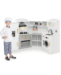 Corner Play Kitchen Toddler Kitchen Playset with Range Hood, Ice Maker, Microwave