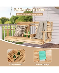 Costway 2-seat Wood Swing Bench with Folding Cup Holder and Sturdy Metal Hanging Chains