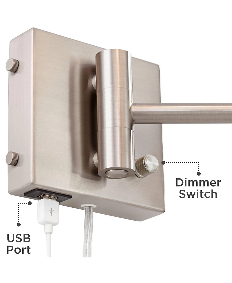 360 Lighting Vero Modern Swing Arm Wall Lamp Brushed Nickel Plug-in Light Fixture with Usb Charging Port White Drum Shade for Bedroom Bedside Reading