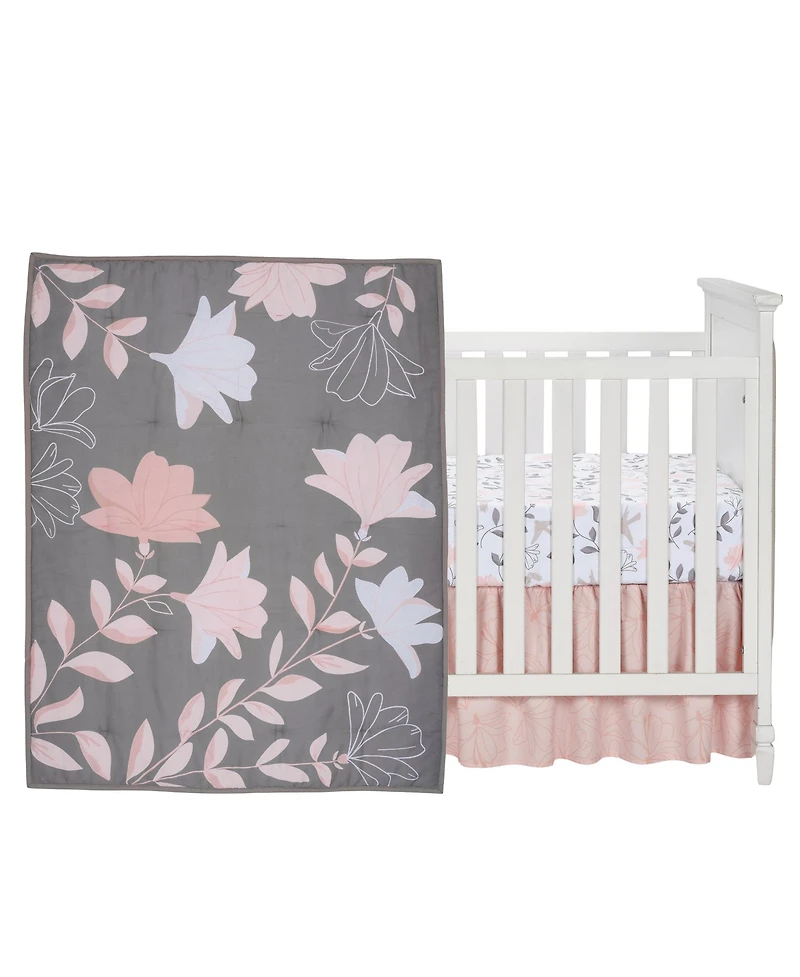 Lambs & Ivy Petals Gray/Pink Sateen Cotton Floral 3-Piece Baby Crib Bedding Set
