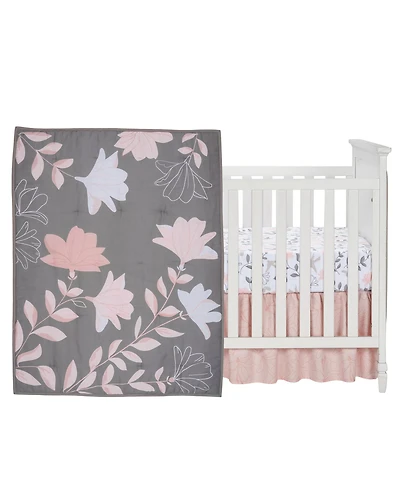 Lambs & Ivy Petals Gray/Pink Sateen Cotton Floral 3-Piece Baby Crib Bedding Set