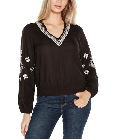 Belldini Black Label Women's Embroidered Blouson Sleeve V-Neck Blouse Top