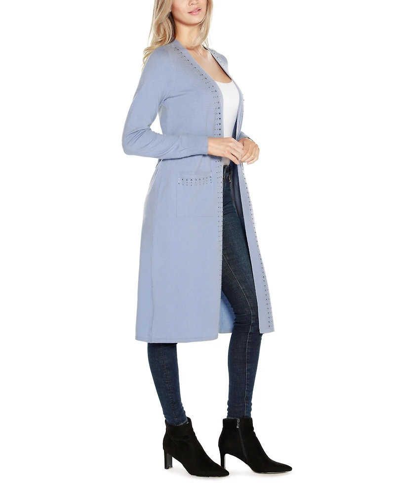 Belldini Black Label Women's Rhinestone-Trim Belted Duster Cardigan Zip Up sweater