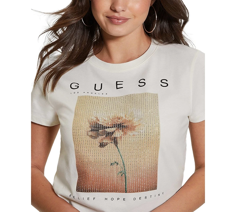 Guess Women's Cotton Diamante Graphic Crewneck Tee