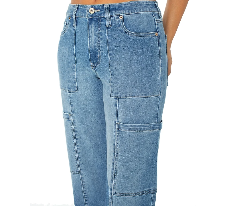 Juniors' Mid Rise Cargo Seamed Wide Leg Jean