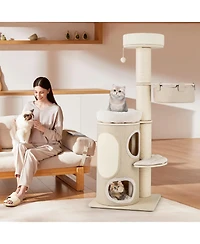 Slickblue 61 Inches Cat Tree for Indoor Cats with 2-stoery Condo and Top Perch-Natural