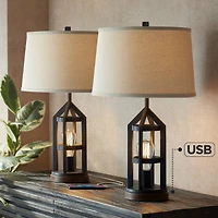 Franklin Iron Works Lucas Western Table Lamps 26" High Set of 2 Bronze with Usb Charging Port and Nightlight Led Drum Shade for Bedroom Bedside D