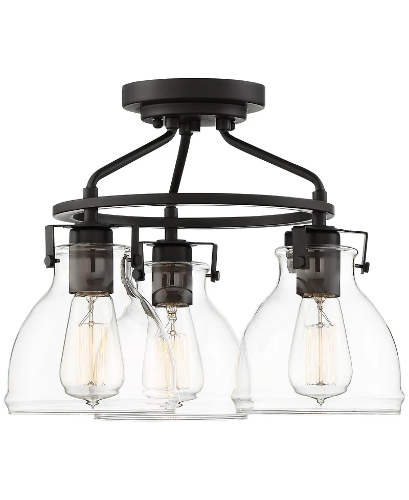 Possini Euro Design Industrial Rustic Farmhouse Ceiling Light Semi Flush Mount Fixture 14 1/2" Wide Bronze 3-Light Clear Glass Shade for Bedroom