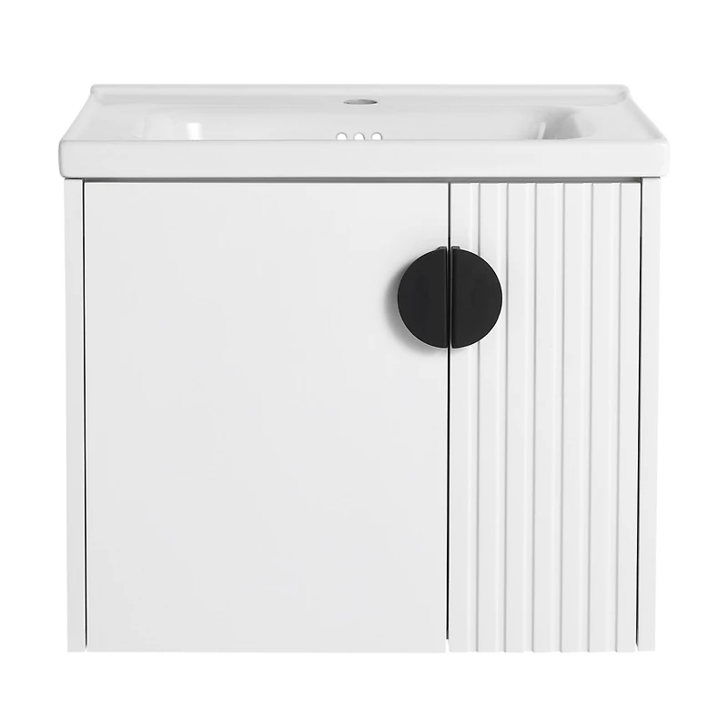 Wall-Mounted Vanity | Dual-Door with 3D Wave | Ceramic Sink | Soft-Close | Metallic