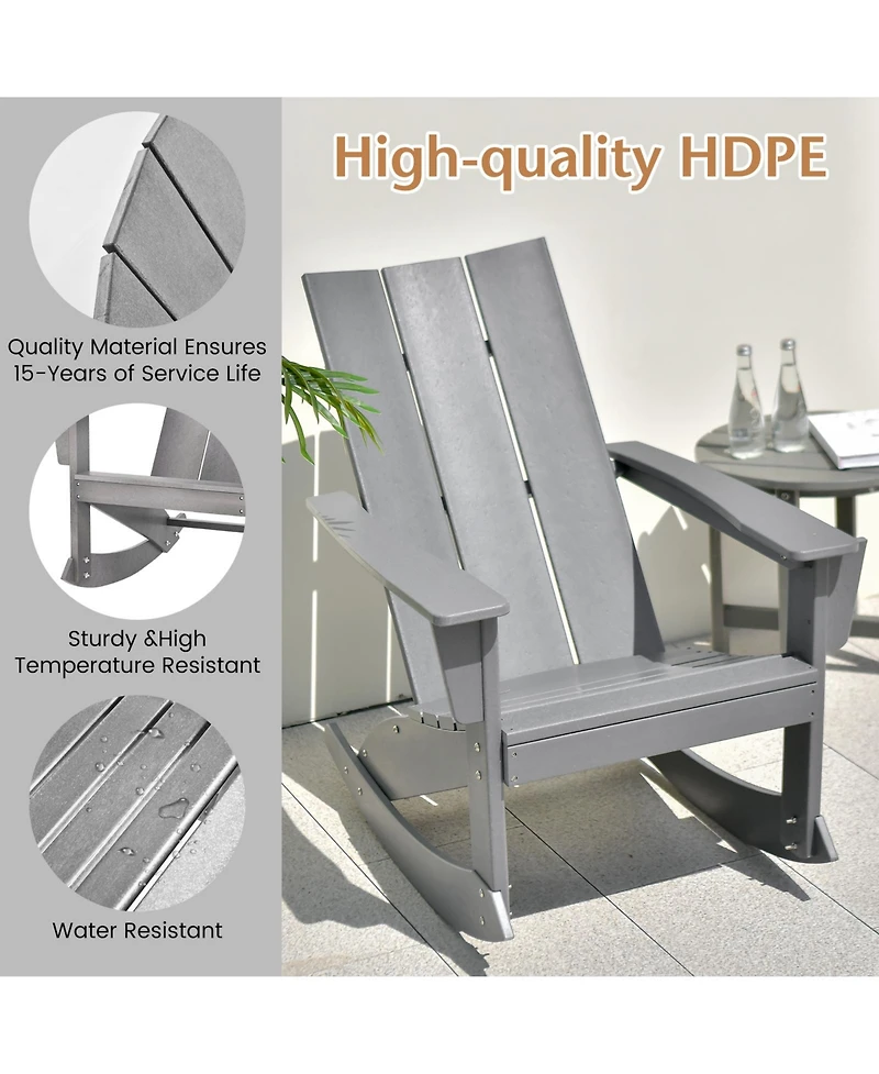 Slickblue Adirondack Rocking Chair with Curved Back for Balcony-Grey