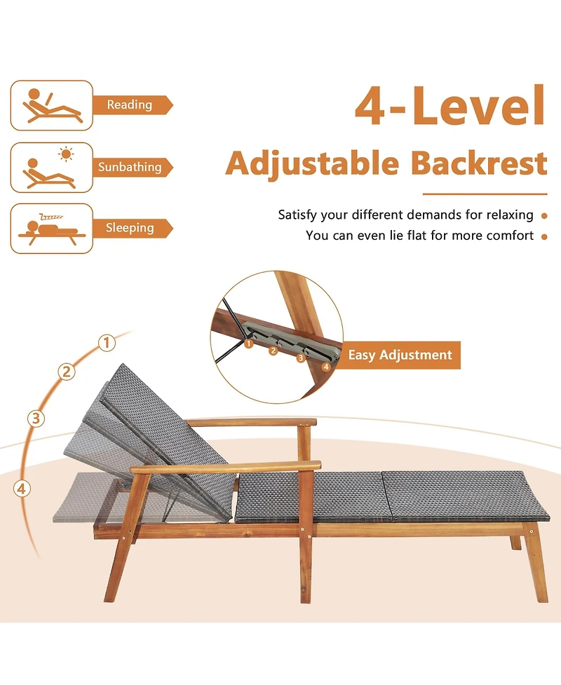 Gymax 2PCS Adjustable Patio Rattan Lounge Chair Recliner Outdoor Chaise Acacia Wood Frame