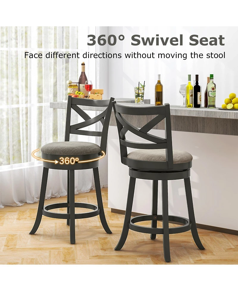 Set of 2 Swivel Bar Stools with Hollow Back and Padded Seat for Counter Height