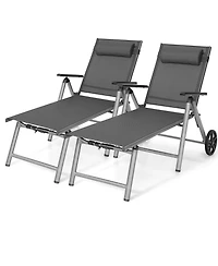 Gymax 2PCS Patio Recliner Chair Outdoor Adjustable Folding Chaise Lounge Chair w/ 2 Wheels