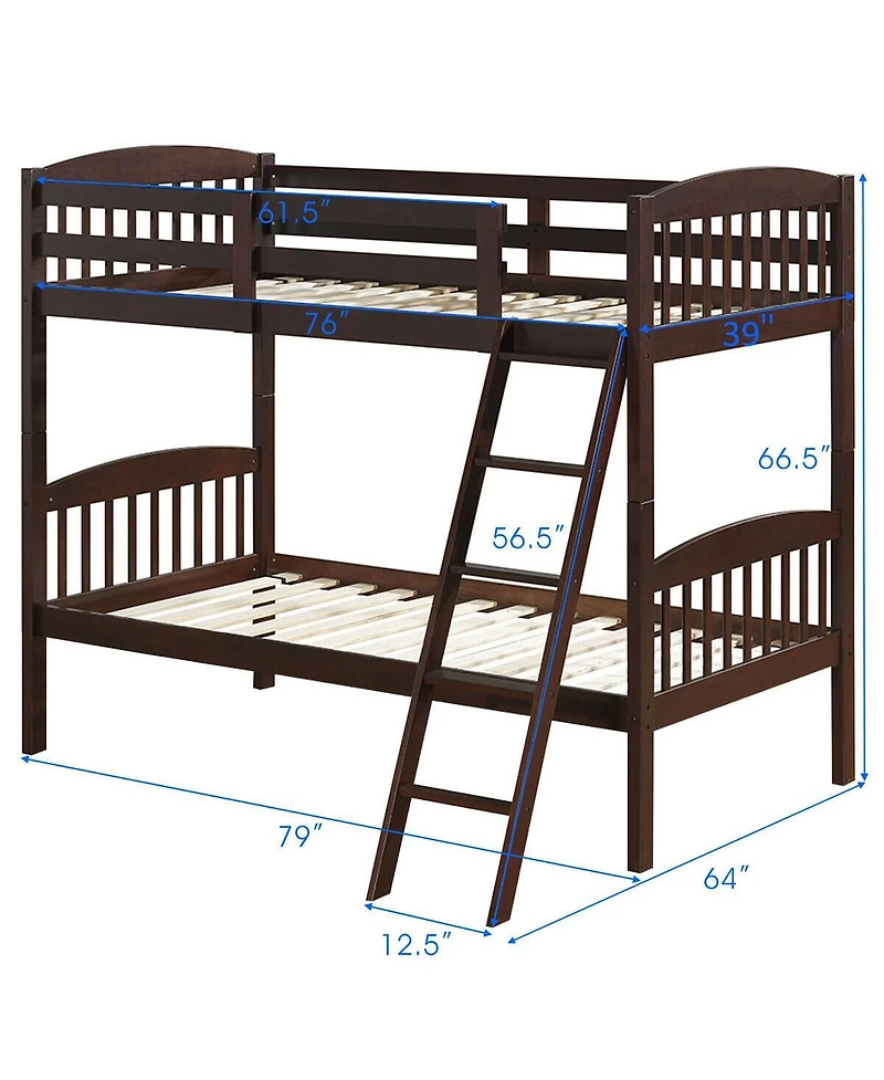 Sugift Hardwood Twin Bunk Bed Frames with Inclined Ladder and Safety Guardrails
