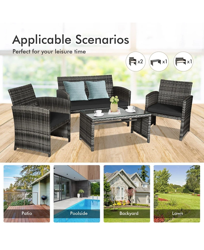 Slickblue 4 Pcs Patio Rattan Furniture Set Top Sofa With Glass Table