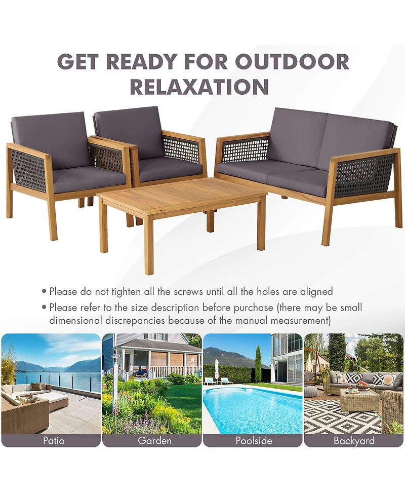 Gymax 8PCS Patio Conversation Acacia Wood Furniture Set Pe Rattan Conversation Set w/ Grey Cushions