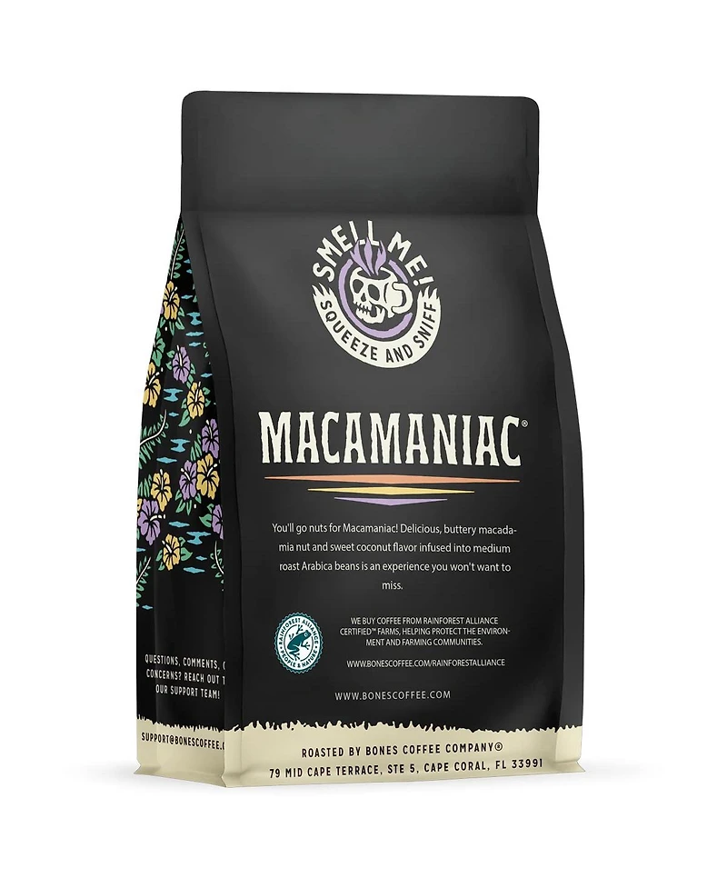 Bones Coffee Company Macamaniac Flavored Whole Coffee Beans Macadamia and Coconut Flavor | 12 oz Flavored Coffee Gifts Low Acid Medium Roast Flavored