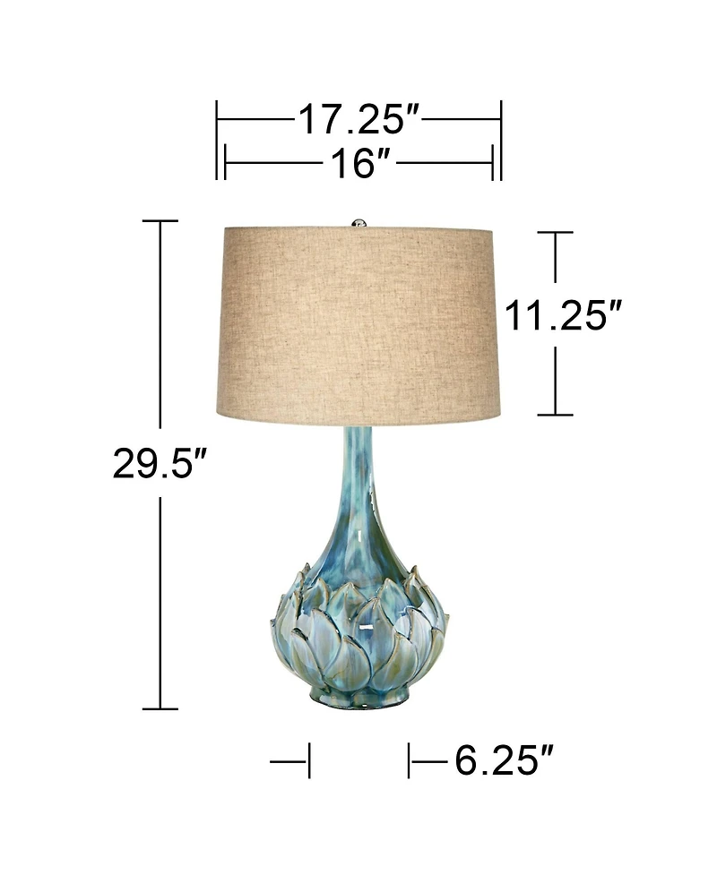 Kenya Modern Tropical Table Lamp with Dimmer 29 1/2" Tall Blue Green Glaze Ceramic Beige Linen Drum Shade for Bedroom Living Room House Home Beds