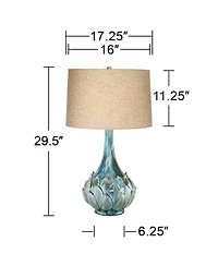 Kenya Modern Tropical Table Lamp with Dimmer 29 1/2" Tall Blue Green Glaze Ceramic Beige Linen Drum Shade for Bedroom Living Room House Home Beds