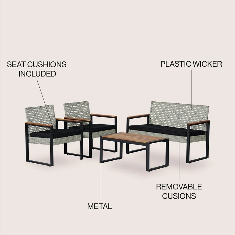 Wilder 4-Piece Modern Coastal Faux Wicker Conversation Outdoor Patio Set
