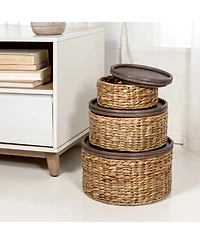 Jonathan Y Gouda Southwestern Hand-Woven Hyacinth Circular Nesting Baskets with Wood Lids, Natural (Set of 3)