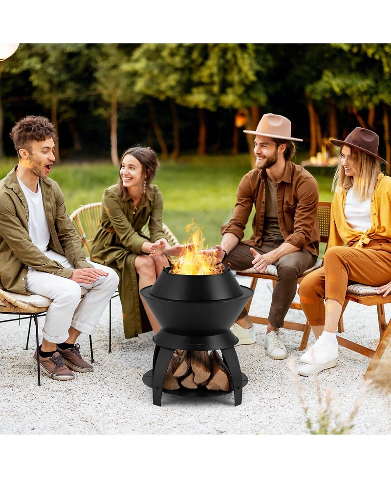 Slickblue 20 Inch Patio Fire Pit Metal Camping Fire Bowl with Pot Holder and Storage Shelf-Black
