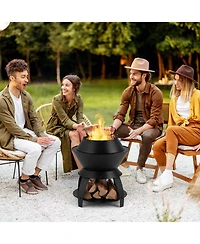Slickblue 20 Inch Patio Fire Pit Metal Camping Fire Bowl with Pot Holder and Storage Shelf-Black