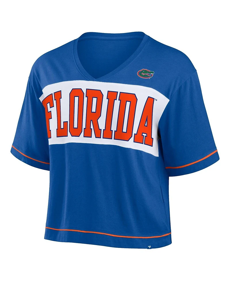 Fanatics Women's Royal Florida Gators Home Team Bold Fashion Modest V-Neck Cropped T-Shirt