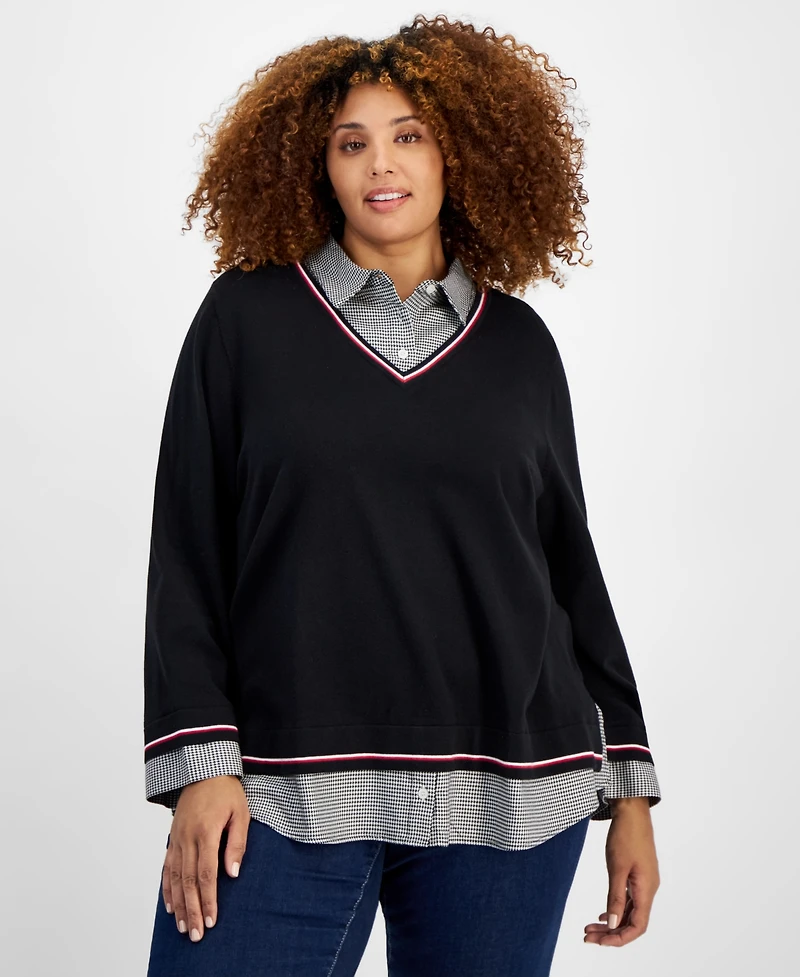 Tommy Hilfiger Plus Size Plaid Layered-Look Cotton Sweater