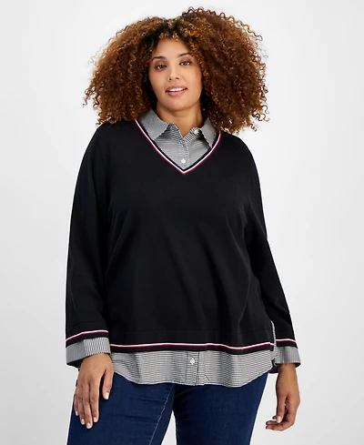 Tommy Hilfiger Plus Size Plaid Layered-Look Cotton Sweater